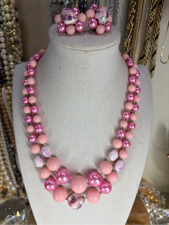 Jewelry - Vintage Japan Pink Necklace And Earring Set Signed Jewelry Lot Clip On / Hook